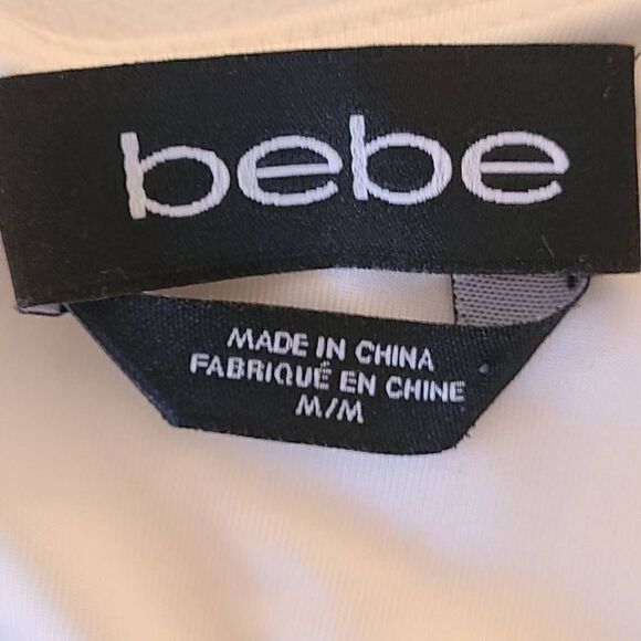 Bebe Womens Peplum Blouse Lace Detail Cap Sleeve Fitted White Black Medium - Picture 7 of 11